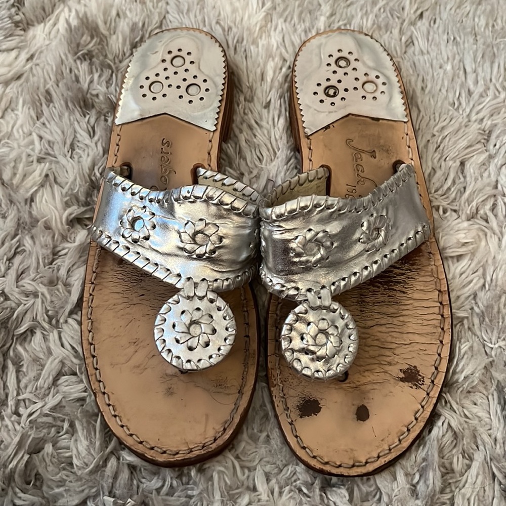 Jack Rogers Silver Jacks Metallic Flat Sandals Thong Size 7
